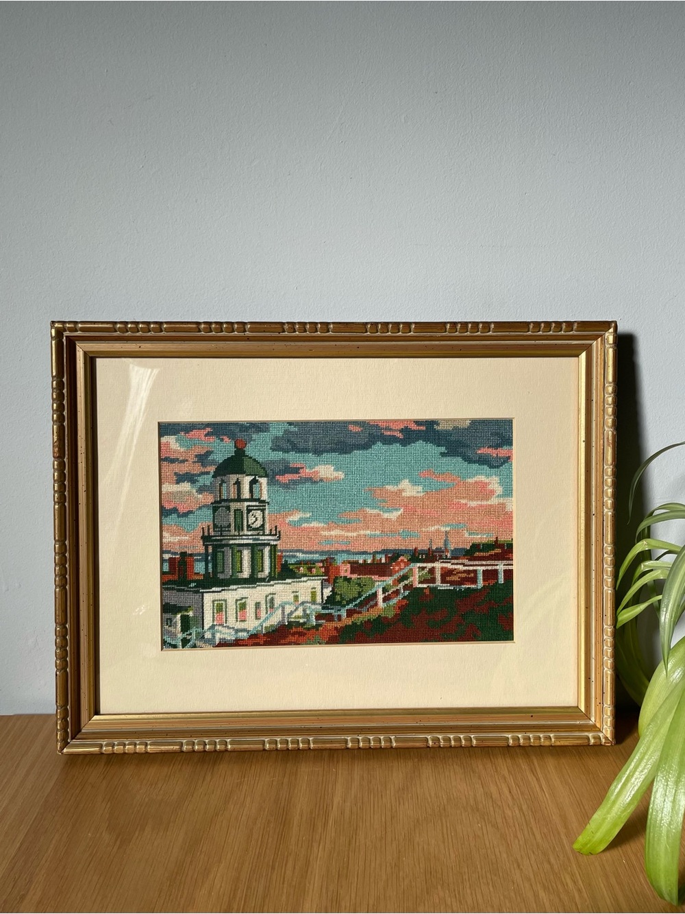 Vintage 1950s Framed Halifax Old Town Clock Needlepoint Eatons Department 14”